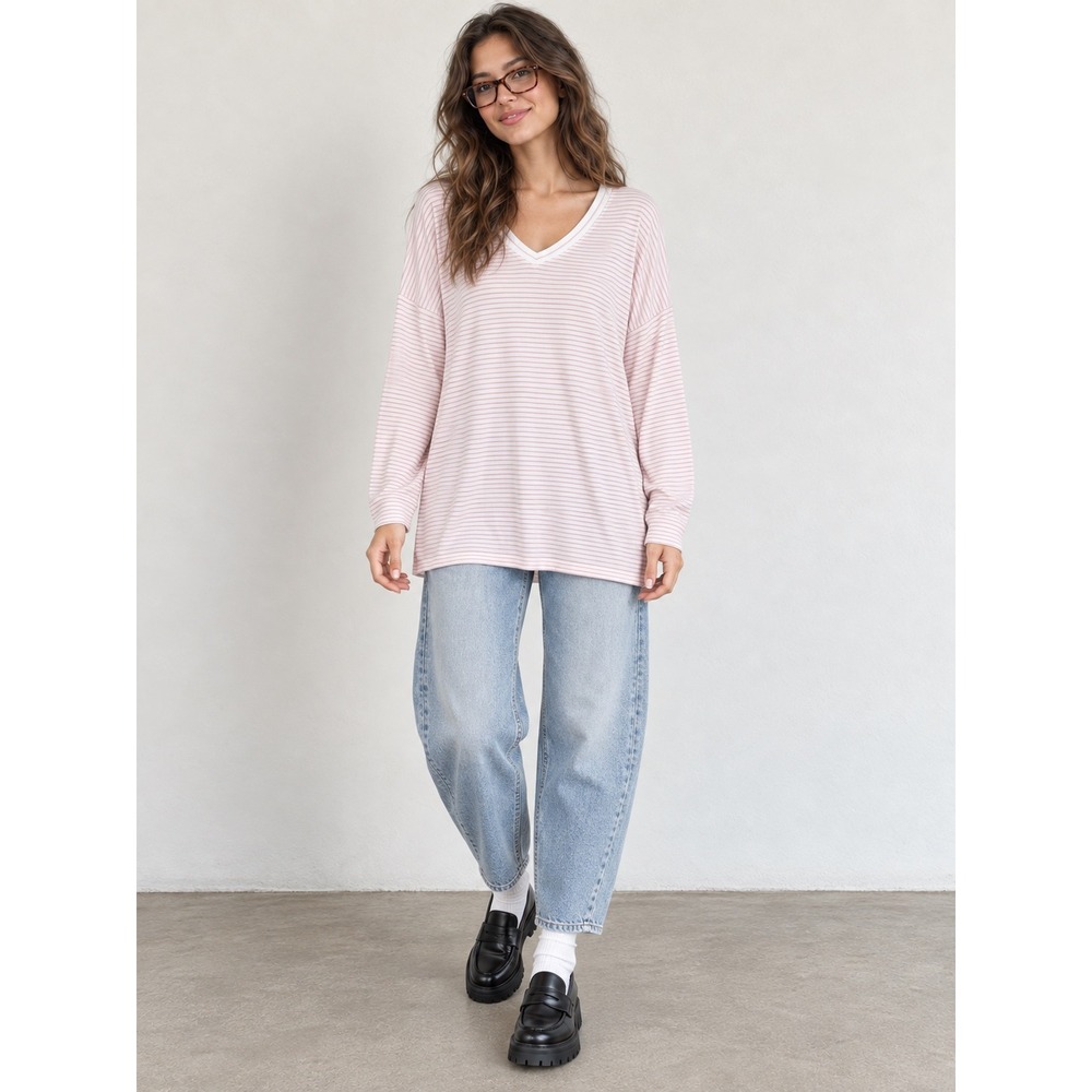 Cabi Pink White Striped V-Neck Long Sleeve Drop Shoulder Top Size L
